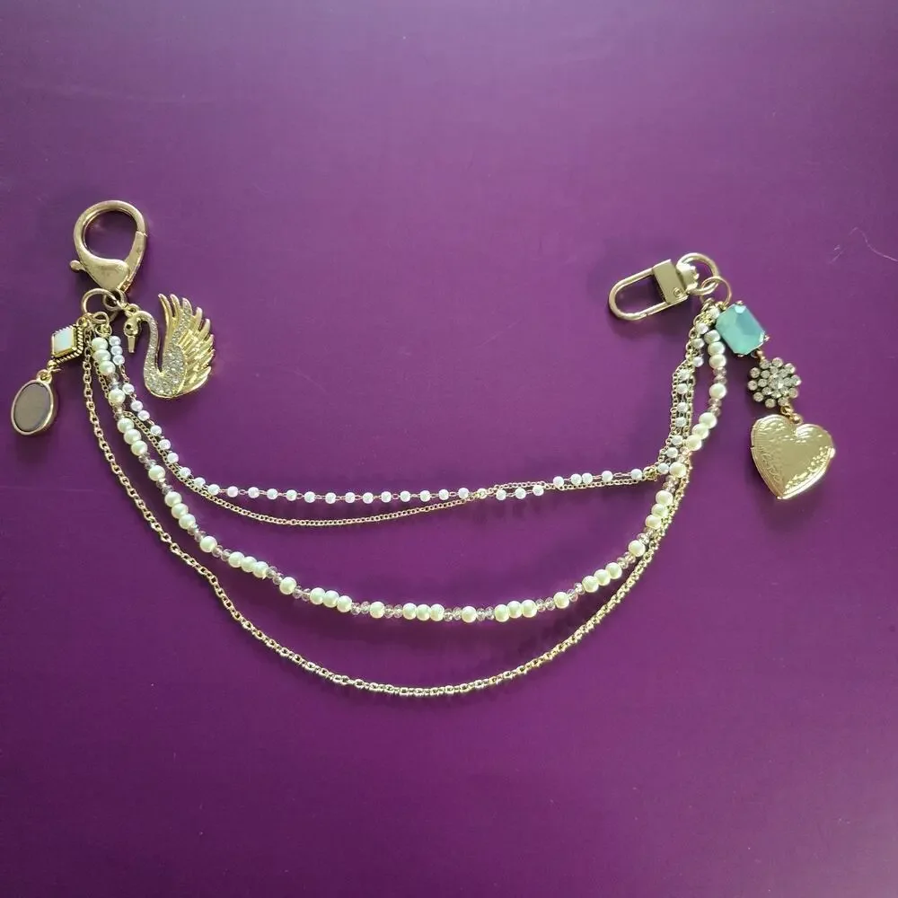 Victorian Swan and Locket Purse/Bag Charm, Belt Chain, Keychain, New!
